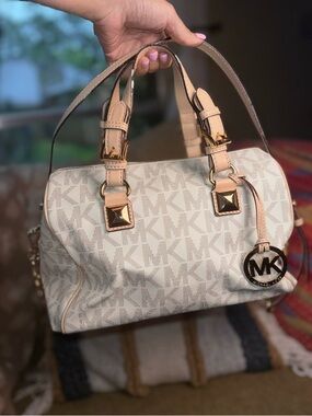 Michael Kors Grayson Medium Satchel MK Vanilla Monogram Crossbody Bag Gold Chain